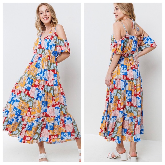 POSH LIVE START✨Boho Multi Color Off Shoulder Tiered Midi Dress - Picture 2 of 5